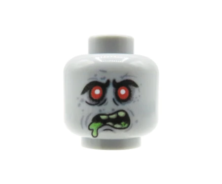 Custom LEGO Kopf – Zombie – hellgrau, rote Augen, offener Mund, grüner Speichel