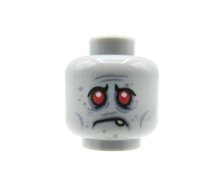 Custom LEGO Kopf – Zombie – mürrischer Gesichtsausdruck, hervorstehender Zahn, rote Augen