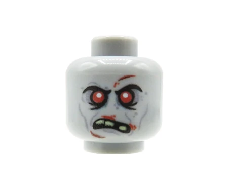 Główka lego custom zombie, posępna mina, delikatnie otwarte usta, wystające zęby, czerwone oczy i nisko osadzone brwi