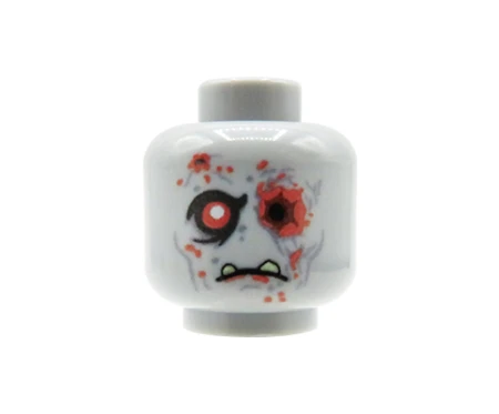 Główka lego custom Zombie bez jednego oka, zaciśnięte usta, plamy krwi