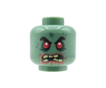 Główka LEGO custom potwór / ork, zielona piaskowa, wkurzona mina, czerwone oczy, wyszczerzone zęby