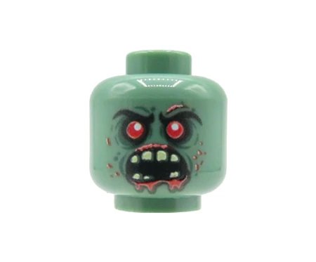 Custom LEGO Kopf – Ork / Monster, sandgrün, grimmiger Gesichtsausdruck, gefletschte Zähne, Blutspuren um den Mund
