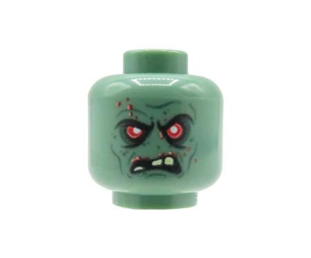 Custom LEGO Kopf – Ork / Monster, sandgrün, bedrohlicher Blick, rote Augen, gefletschte Zähne