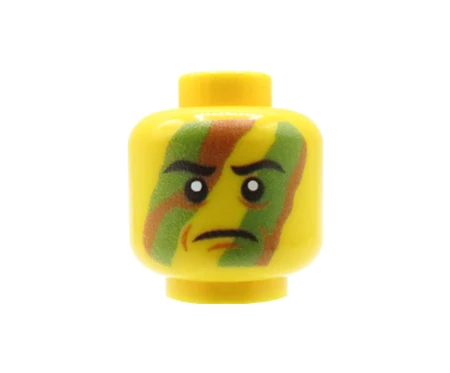 Custom LEGO Kopf – Waldtarnmuster, düsterer Gesichtsausdruck, gelbes Gesicht