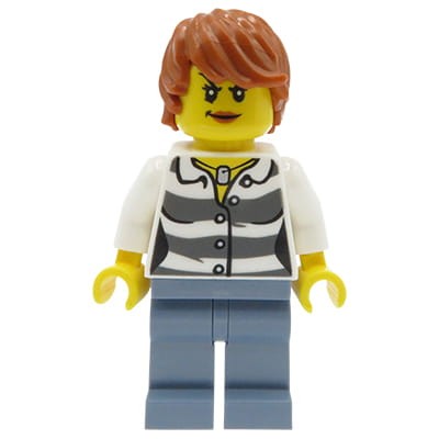 Mini figurka LEGO City kobieta złodziejka / więzień / rabuś w więziennym ubraniu - koszuli w paski i niebieskich spodniach