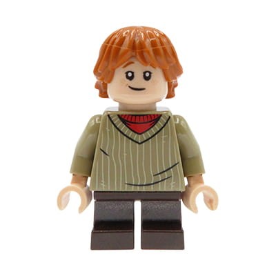 Mini figurka LEGO Harry Potter Ron Weasley w piaskowym swetrze w paski, czerwonej koszulce i ciemnobrązowych spodniach (krótkie nóżki)