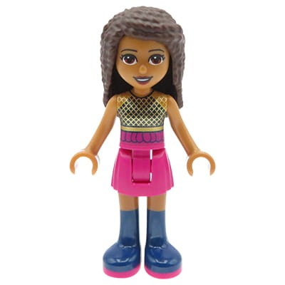Mini figurka LEGO dziewczynka Andrea w granatowej bluzce ze złotą siateczką, różowej krótkiej spódnicy i granatowych kozakach