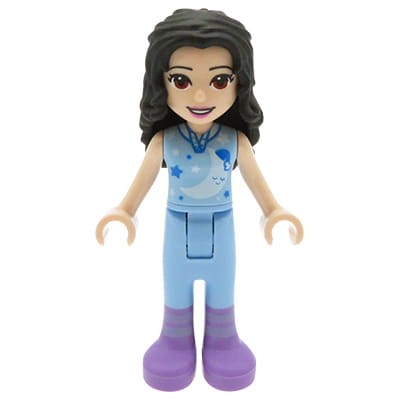 Mini figurka LEGO Friends Emma w jasnoniebieskim kombinezonie / piżamie z nadrukiem gwiazd i księżyca