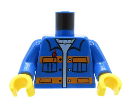 Tors figurki LEGO niebieska kurtka z kieszeniami w pomarańczowe paski, jasnoniebieski sweter