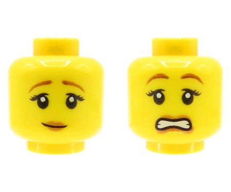 Głowa figurki LEGO w kolorze żółtym, dwustronna, damska, uśmiech / przerażona mina