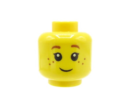 Głowa figurki LEGO w kolorze żółtym, dziecko, z uśmiechniętą miną i piegami