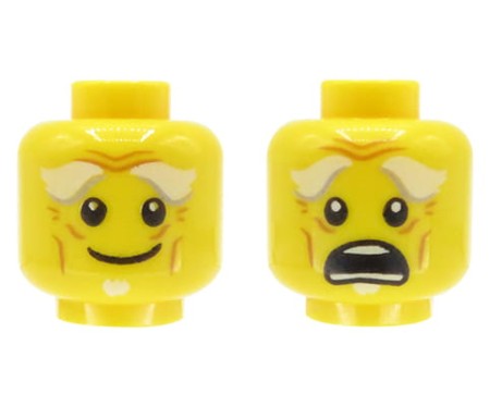 Głowa figurki LEGO w kolorze żółtym, dwustronna, męska, siwe brwi i zmarszczki