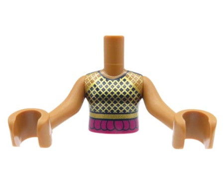 Tors figurki LEGO Friends czarna koszulka ze złotą siateczką i różowym paskiem, ciemna cielista (medium nougat) karnacja.