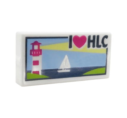 LEGO pocztówka "I love HLC" - płytka 1x2 z nadrukiem latarni morskiej i żaglówką