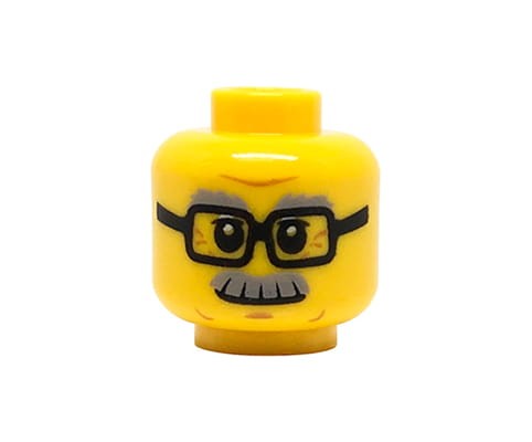 Zum Produkt Kopf einer LEGO Minifigur – Mann/Großvater, Brille, Schnurrbart