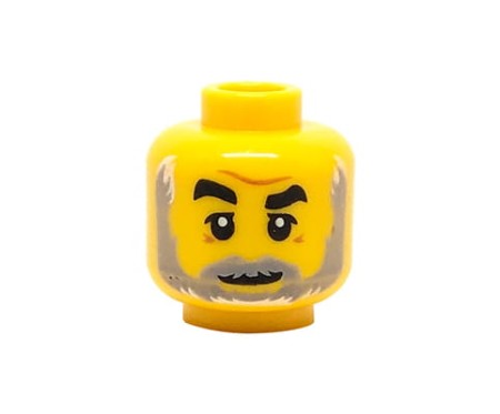 LEGO głowa / główka figurki - żółta, mężczyzna, siwa broda i wąsy, czarne brwi