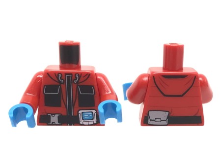 Tors figurki LEGO czerwona kurtka z czarnymi kieszeniami.