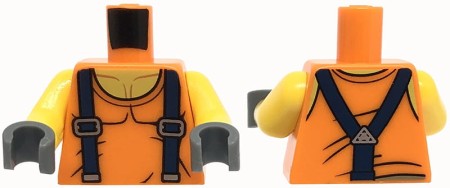 Tors figurki LEGO pomarańczowa koszulka z ciemnoniebieskimi szelkami.