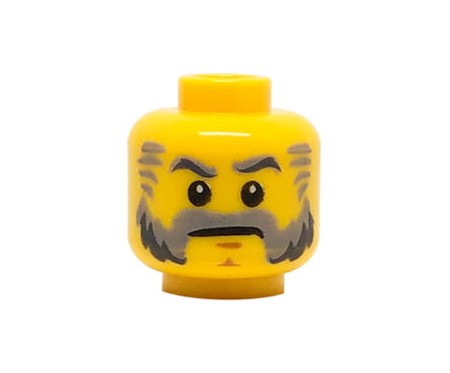 Głowa figurki LEGO w kolorze żółtym, męska, siwy zarost, brwi, bokobrody.
