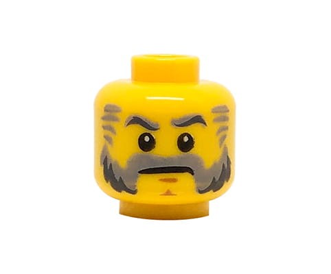 Zum Produkt Kopf einer LEGO Minifigur – Mann, graue Koteletten, Schnurrbart