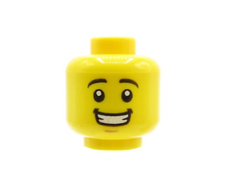 Głowa figurki LEGO w kolorze żółtym, męska, czarne brwi, szeroki uśmiech z zębami.