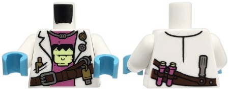 Tors minifigurki LEGO szalony naukowiec / badacz - biały fartuch laboratoryjny, koszulka z nadrukiem, rękawiczki