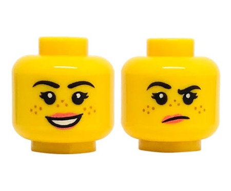 Głowa figurki LEGO w kolorze żółtym, dwustronna, damska, piegi, różowe usta, czarne brwi, uśmiech / uniesiona prawa brew, grymas.
