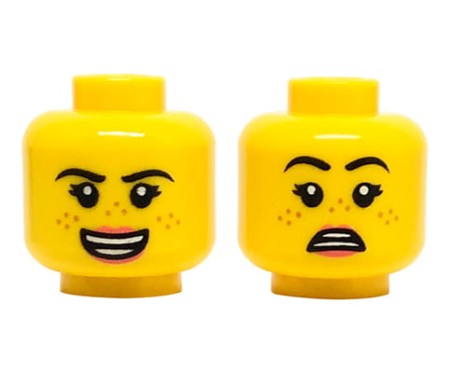 Głowa figurki LEGO w kolorze żółtym, dwustronna, damska, piegi, czarne brwi, otwarty uśmiech / przestraszona mina.
