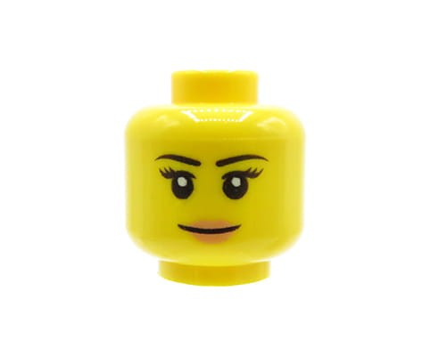 Zum Produkt Kopf einer LEGO Minifigur – Frau, Lächeln, lange Wimpern