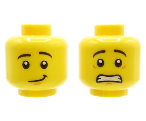Zum Produkt Kopf einer LEGO Minifigur – Mann, doppelseitig, lächelnd/ängstlich