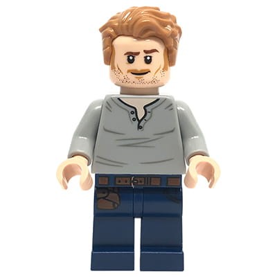 Mini figurka LEGO Jurassic World - treser dinozaurów Owen Grady w szarej koszulce rozpiętej pod szyją