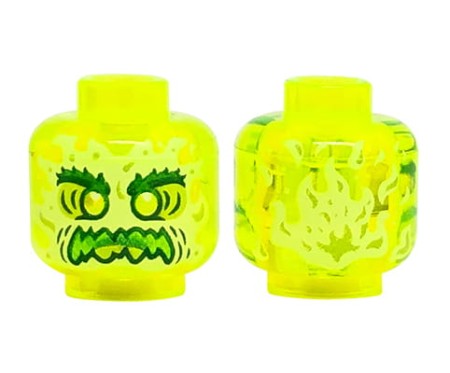 Głowa figurki LEGO kosmita w kolorze przezroczystym neonowym zielonym, dwustronna, wkurzona mina.