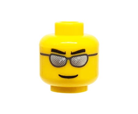 Głowa figurki LEGO w kolorze żółtym, męska, srebrne okulary przeciwsłoneczne, czarne brwi, delikatny cienki uśmiech.