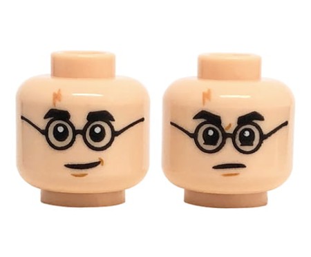 Głowa figurki LEGO Harry Potter w kolorze jasnym cielistym, dwustronna, okrągłe okulary, krzaczaste brwi
