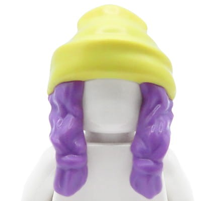 LEGO czapka w kolorze jasnym żółtym z długimi lawendowymi włosami