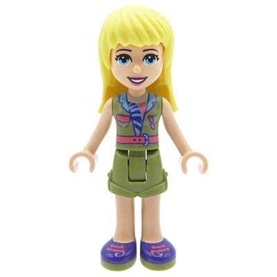 Mini figurka LEGO Friends Stephanie w oliwkowym ubraniu z różowym paskiem i fioletowych trampkach