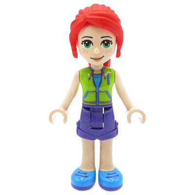Mini figurka LEGO Friends Mia w limonkowej kamizelce na zamek, fioletowych krótkich spodenkach i niebieskich trampkach