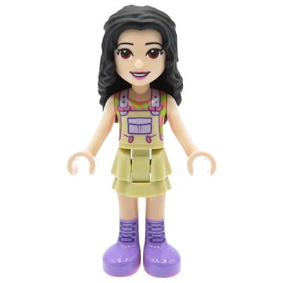 Mini figurka / laleczka LEGO Friends Emma w piaskowej sukience typu ogrodniczki i lawendowych kozakach