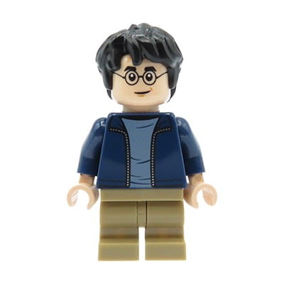 Mini figurka LEGO Harry Potter w ciemnoniebieskiej rozpiętej kurtce i ciemnych piaskowych spodniach