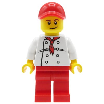 Mini figurka LEGO City kucharz / szef kuchni w białym fartuchu, czerwonej czapce z daszkiem, czerwonych spodniach