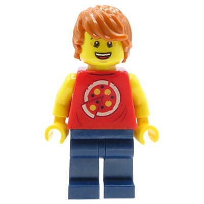 Mini figurka LEGO chłopak / nastolatek Ronny w czerwonej koszulce z nadrukiem pizzy i ciemnych niebieskich spodniach