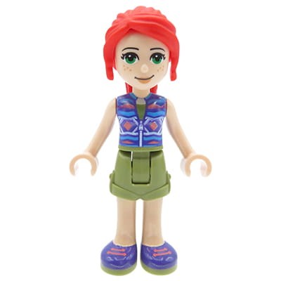 Mini figurka LEGO Friends Mia - czerwone włosy upięte w kucyk, oliwkowe krótkie spodenki, fioletowa kamizelka na zamek