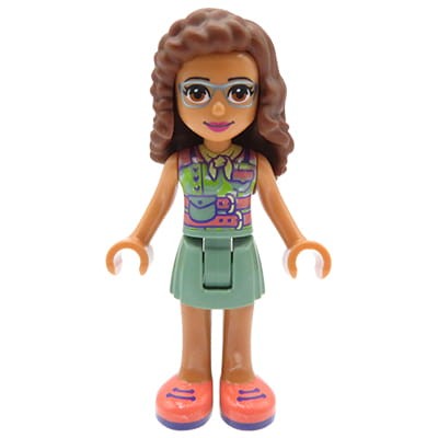 Mini figurka LEGO Friends Olivia - brązowe kręcone włosy, zielona krótka spódnica, top z nadrukami, apaszka