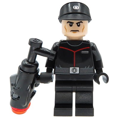 Mini figurka LEGO Star Wars Sith Fleet Officer w czarnym kombinezonie i czapce, z blasterem
