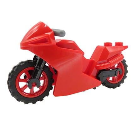LEGO motor ścigacz / motocykl sportowy w kolorze czerwonym, czerwone koła, szara kierownica