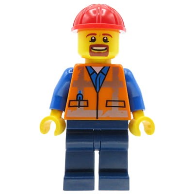 Mini figurka LEGO City mężczyzna - robotnik / budowlaniec / pracownik budowy w pomarańczowej kamizelce i czerwonym kasku