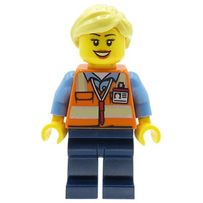 Mini figurka LEGO City kobieta w pomarańczowej kamizelce z odblaskowymi paskami i identyfikatorem, jasne włosy