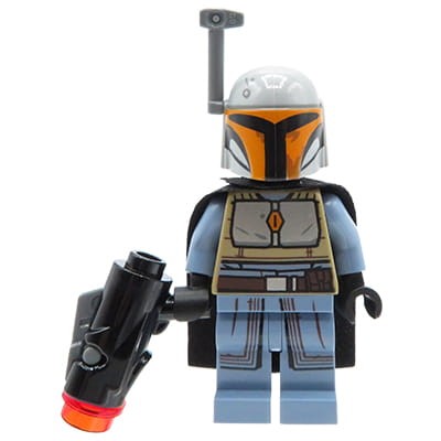 Mini figurka LEGO Star Wars Mandalorian z blasterem, w czarnej pelerynie i hełmie