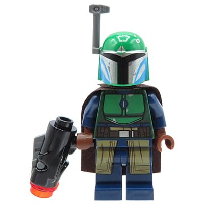 Mini figurka LEGO Star Wars Mandalorian z blasterem, brązowa peleryna i zielony hełm