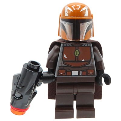 Mini figurka LEGO Star Wars Mandalorian z blasterem, ciemnobrązowa peleryna i ciemnopomarańczowy hełm